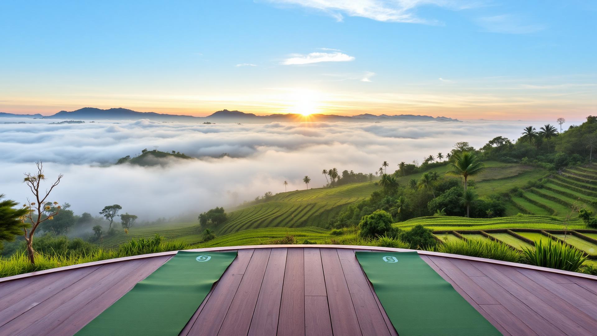 Serene yoga and wellness retreat at sunrise